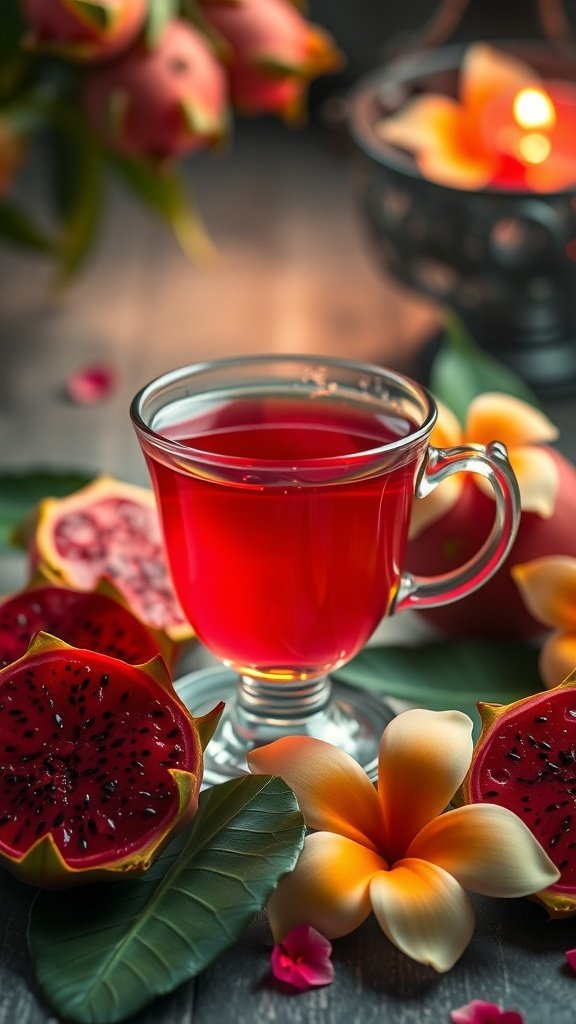 A glass of vibrant dragonfruit tea surrounded by fresh dragonfruit and tropical flowers.