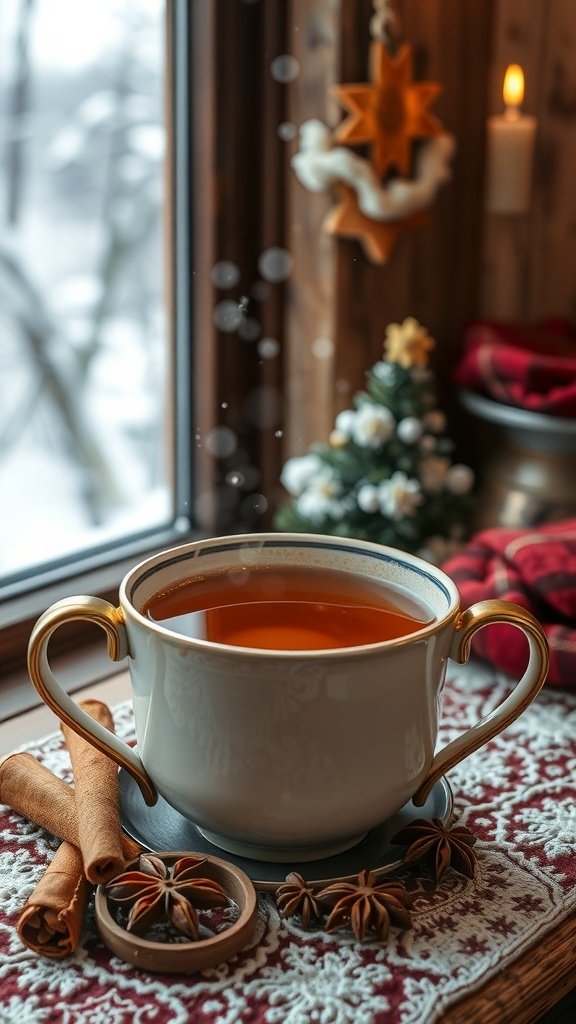 A cozy cup of spiced chai with cinnamon sticks and star anise, set against a wintery backdrop.