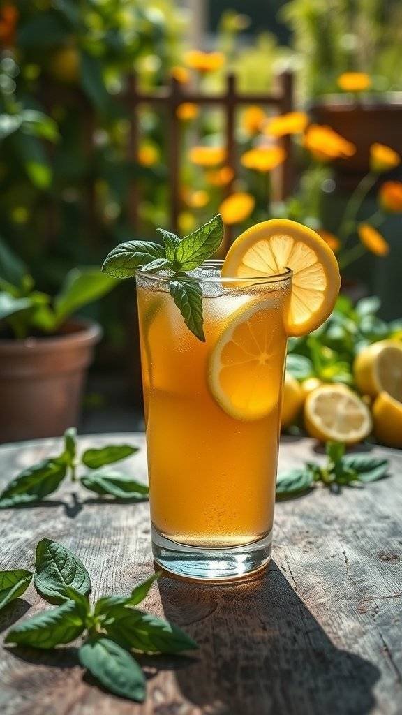 A refreshing glass of Lannister Lemon Basil Tea garnished with lemon slices and basil leaves, set in a garden.