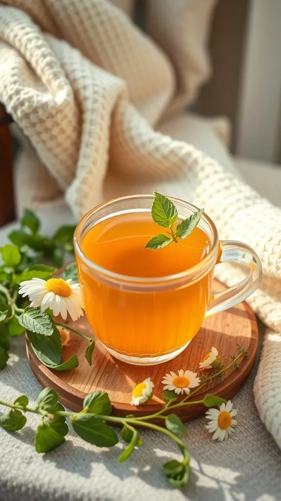 A clear glass cup of herbal tea with chamomile flowers and mint leaves, surrounded by fresh herbs and a cozy blanket.