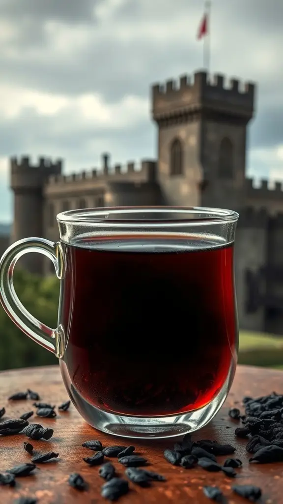 A glass pitcher filled with dark black tea in front of a castle backdrop.