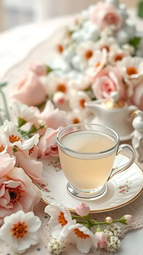 A delicate cup of white tea surrounded by soft pastel flowers, evoking the beauty of the Vale.