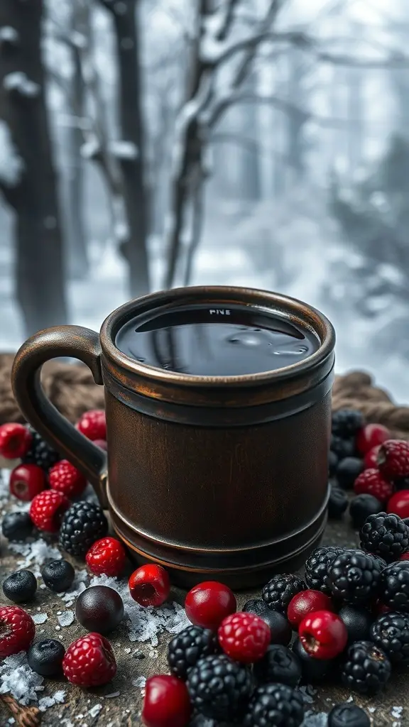 A dark berry tea in a rustic mug surrounded by fresh berries on a snowy background.