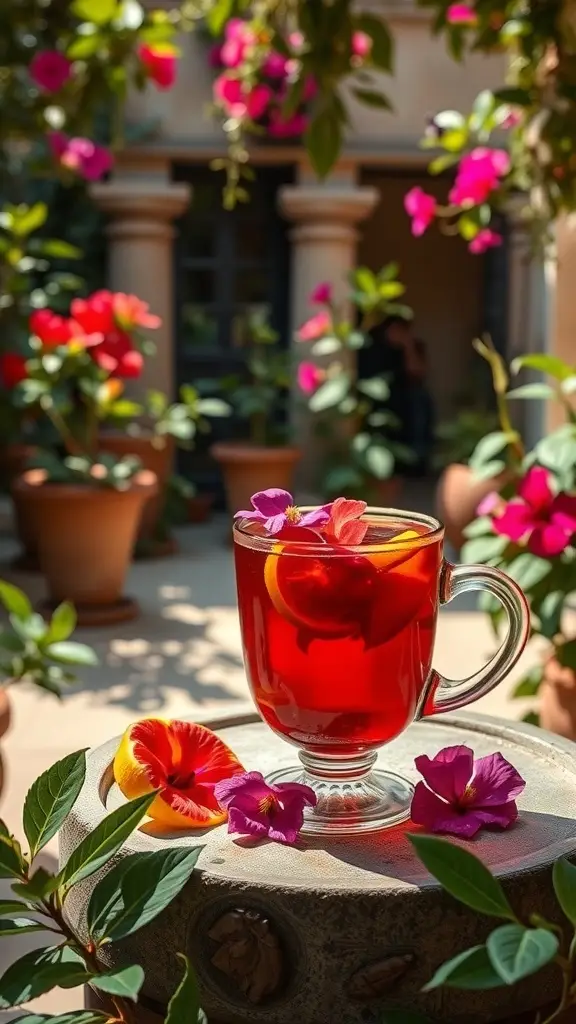 A cup of hibiscus tea garnished with lemon slices and edible flowers, surrounded by vibrant flowers in a garden setting.