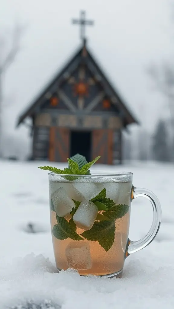 A clear mug of Arctic Mint Tea with ice and mint leaves, set against a snowy background.