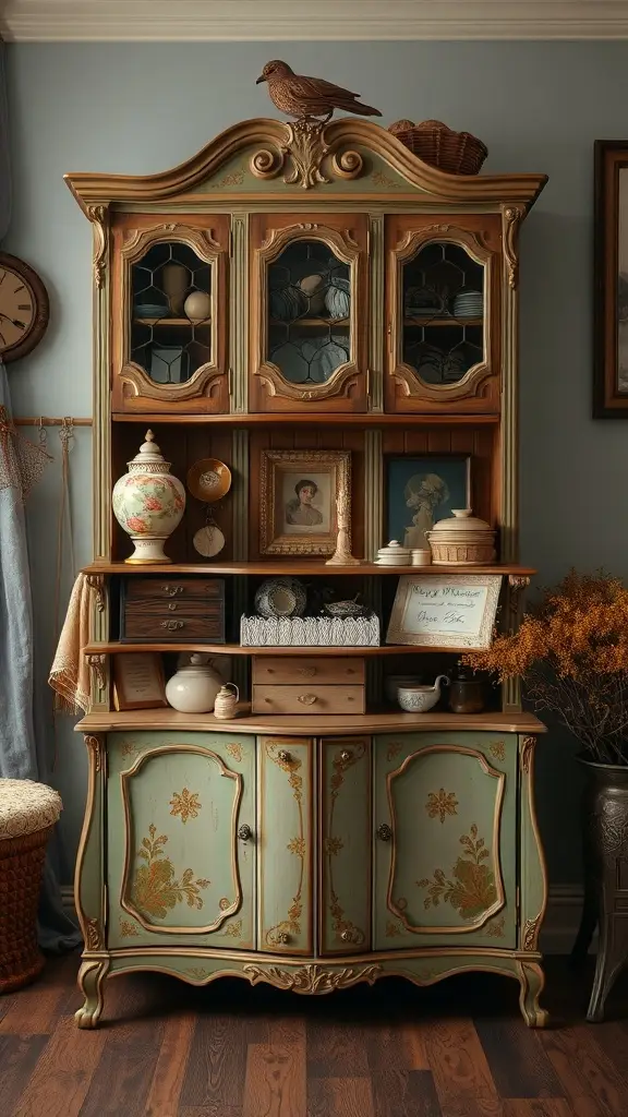 A vintage hand painted cabinet with intricate designs, displaying various decorative items.