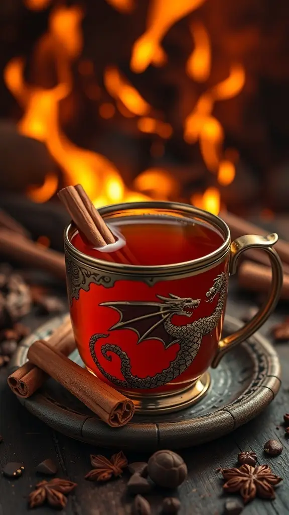 A cup of fiery cinnamon tea with cinnamon sticks, set against a warm, glowing background.