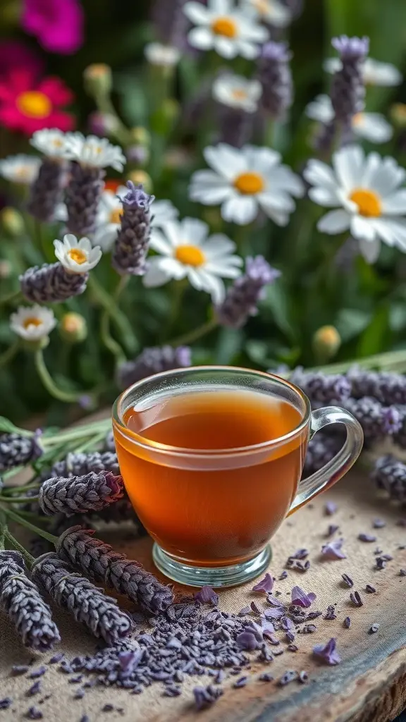 A cup of lavender tea surrounded by lavender sprigs and daisies.