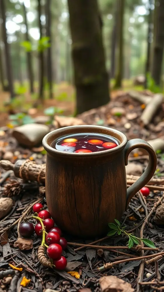 A rustic wooden mug filled with dark herbal tea, surrounded by foraged berries and herbs in a forest setting.