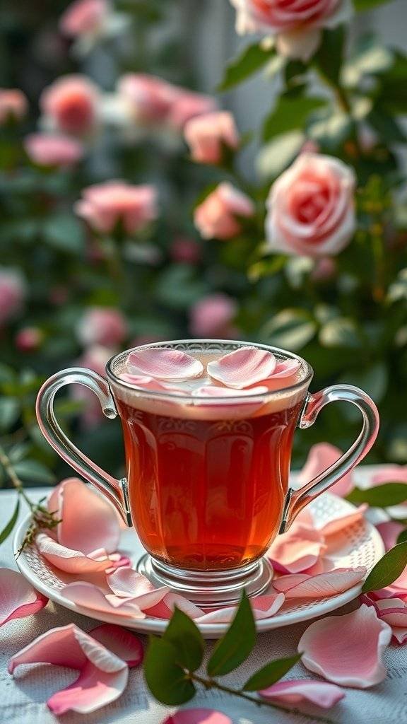 A cup of sweet rose petal tea with rose petals floating on top, surrounded by blooming roses.