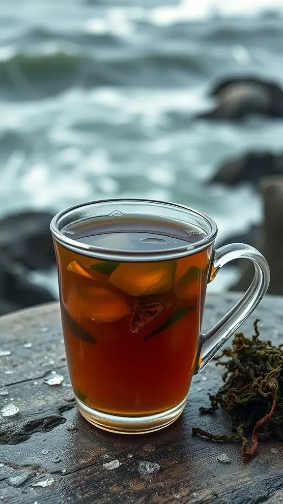 A glass of salty seaweed tea next to dried seaweed on a wooden table, with ocean waves in the background.