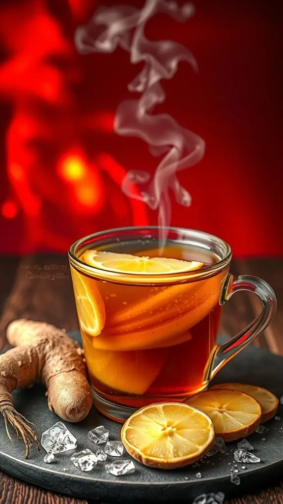 A steaming cup of spicy ginger tea with lemon slices, placed on a wooden surface.