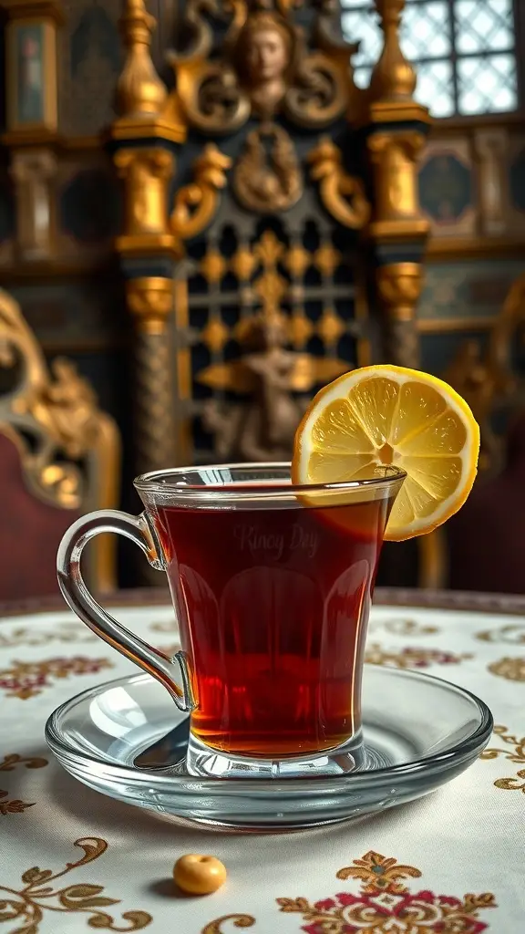 A cup of Earl Grey tea with a slice of lemon, set against an ornate backdrop.