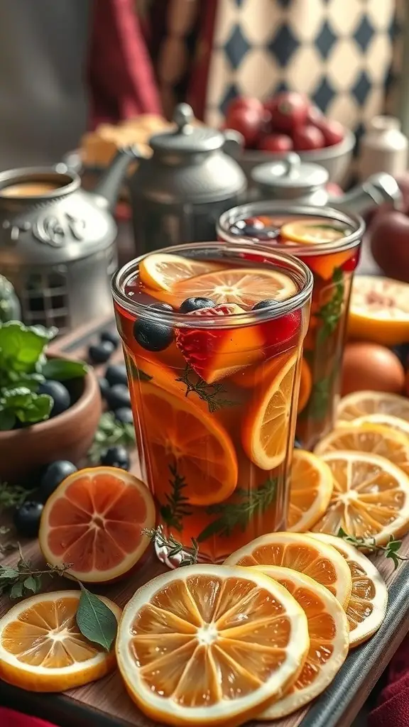 Glasses of mixed fruit tea with lemon slices and blueberries, surrounded by fresh fruits.