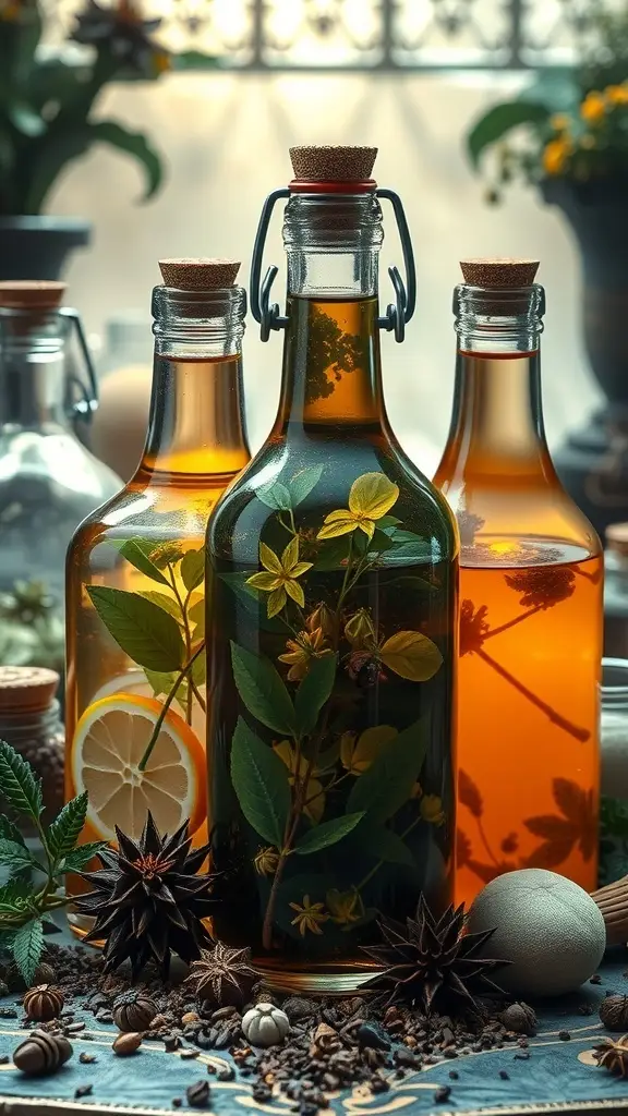 A collection of infused teas in glass bottles with herbs and spices on a wooden table.