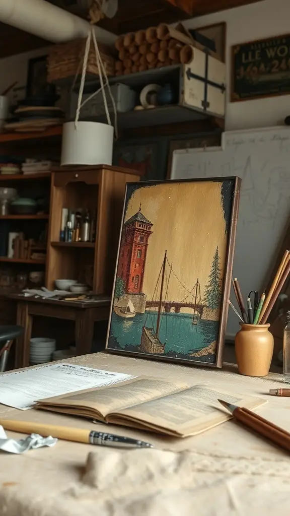 A person working on a vintage hand-painted wooden box in a workshop, surrounded by tools and materials.