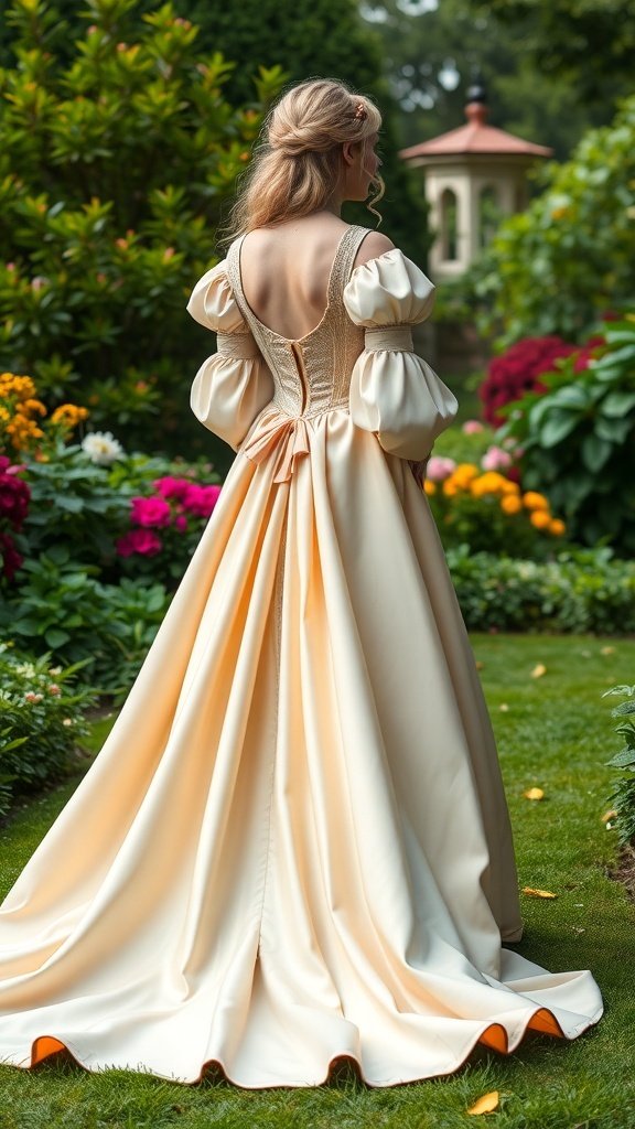 A woman in a flowing medieval princess dress with a train, standing in a garden