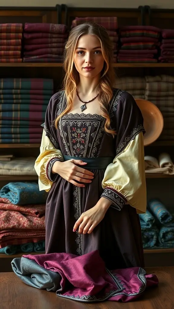 Richly colored fabrics in red and teal with gold trim, representing medieval princess attire.