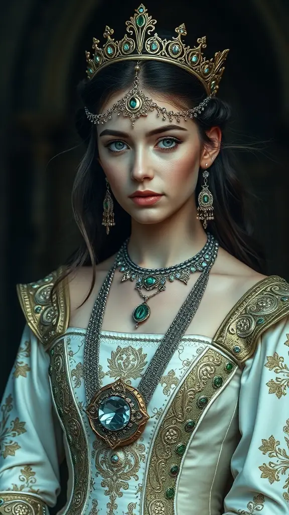 A Medieval Princess wearing a crown, intricate jewelry, and a beautifully embroidered dress.