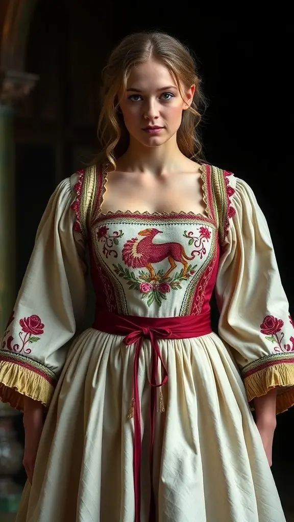 A medieval princess dress featuring an intricately embroidered bodice with floral designs and a majestic creature, made from luxurious velvet fabric.