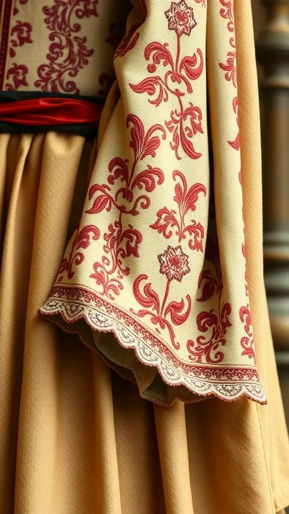 Close-up of embroidered sleeves on a Medieval Princess dress, featuring floral patterns in red on beige fabric.