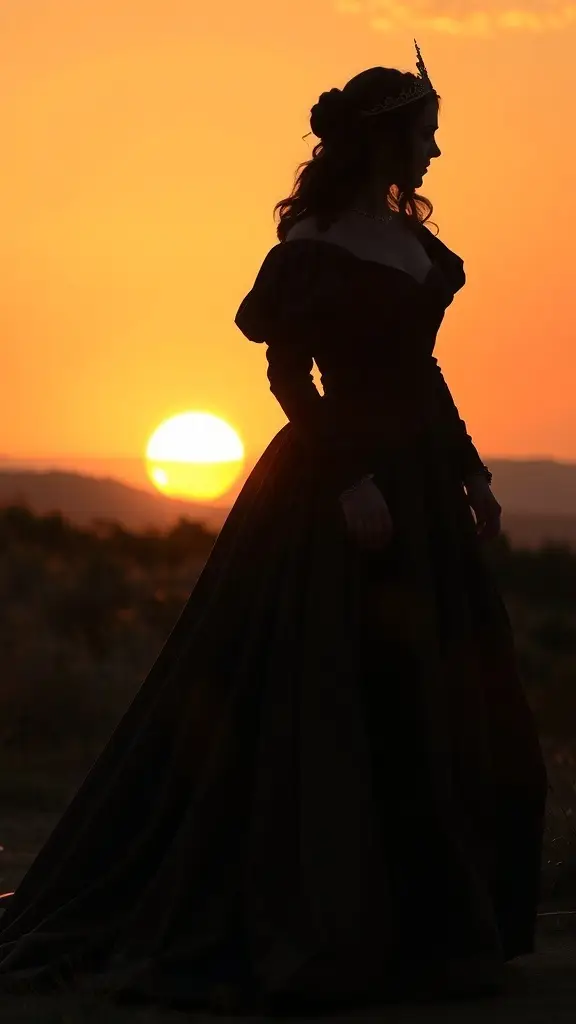 Silhouette of a Medieval Princess in a flowing dress against a sunset
