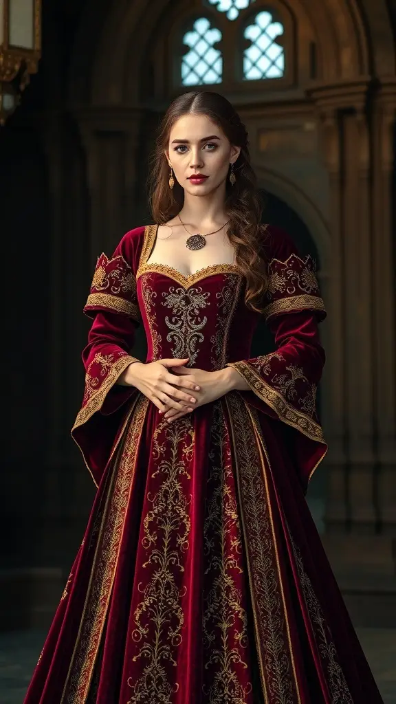 A Medieval Princess in a rich red velvet gown with intricate embroidery and regal silhouette.