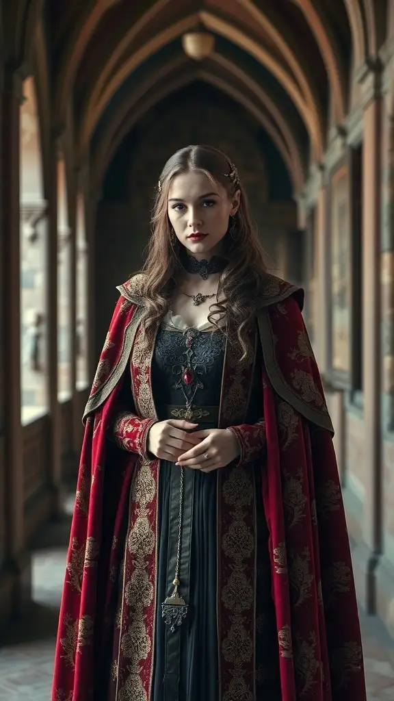 A Medieval Princess in a red embroidered cloak and black dress, standing in a grand hallway.