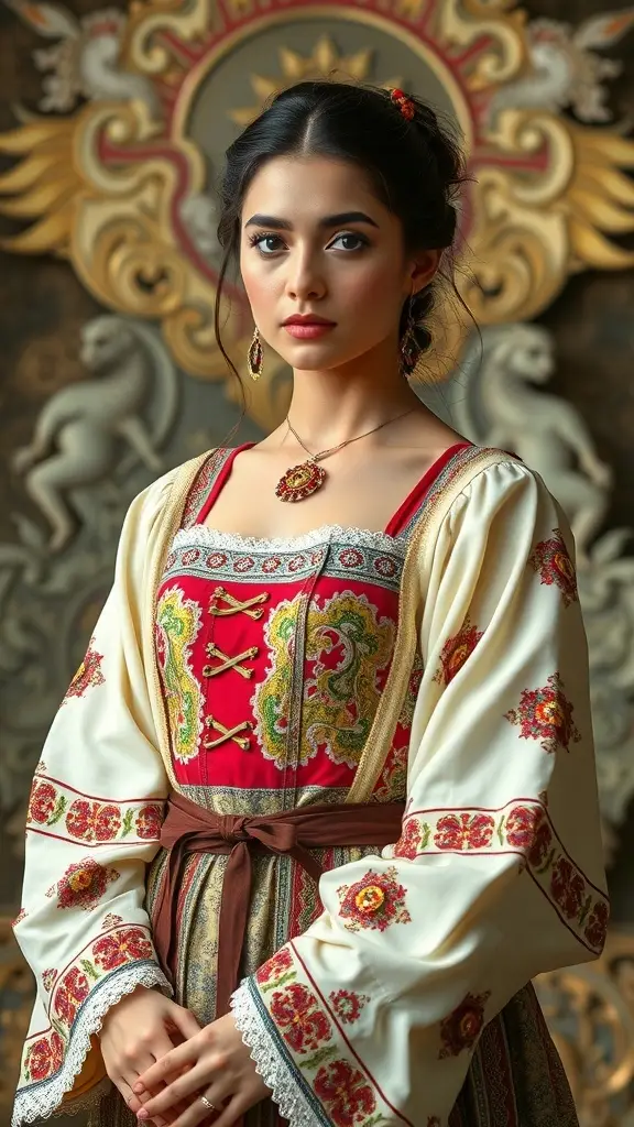 A display of medieval dresses showcasing intricate embroidery, velvet fabrics, and regal silhouettes.
