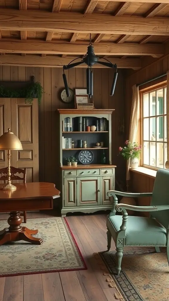 A cozy room featuring rustic hand-painted furniture, including a green cabinet, wooden table, and comfortable chair.