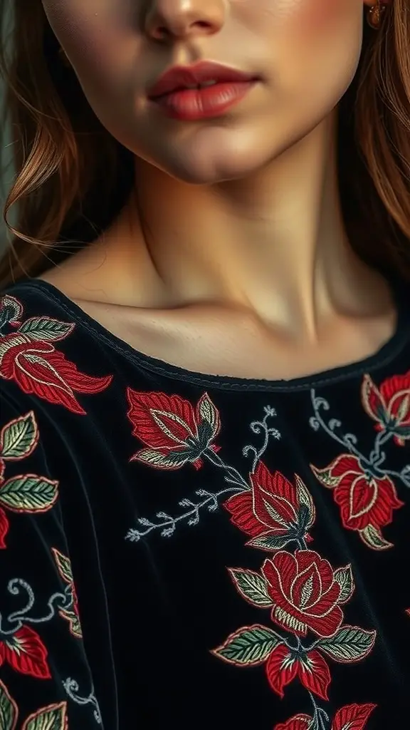 An artisan sewing intricate embroidery on fabric, surrounded by rolls of textiles.