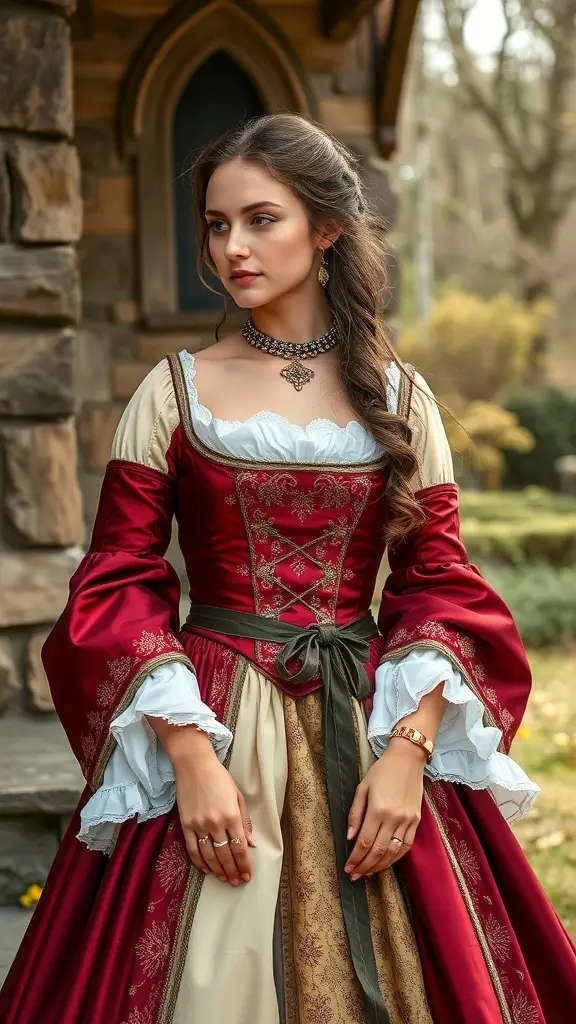 A collection of medieval-inspired dresses featuring intricate embroidery, velvet fabrics, and regal silhouettes.