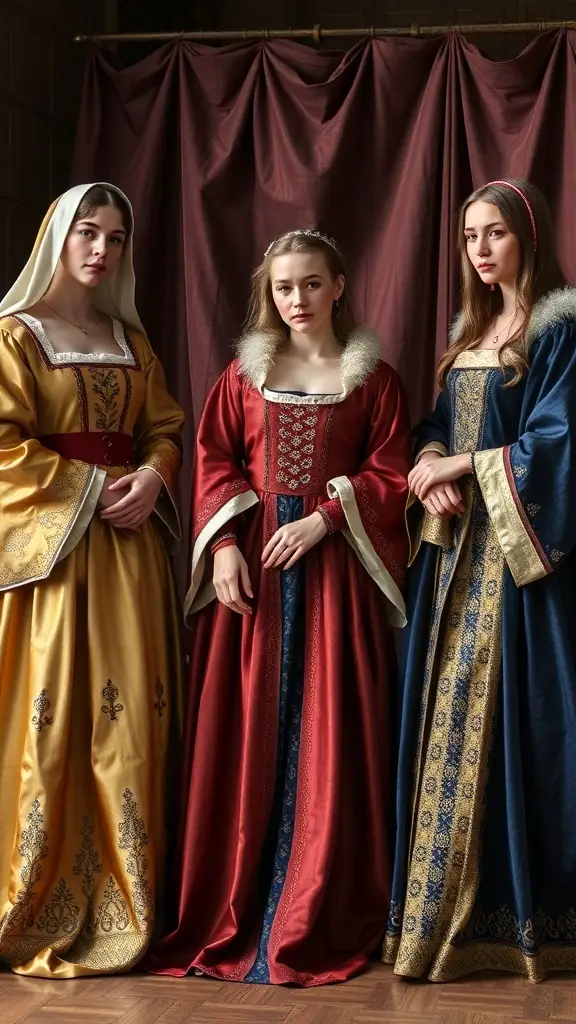 Three young women in medieval dresses with intricate embroidery and velvet fabrics.