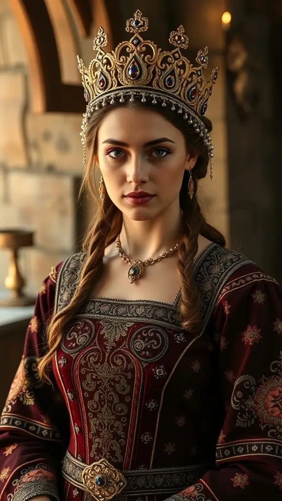 A Medieval Princess wearing a golden crown with colorful gemstones and a richly embroidered velvet dress.