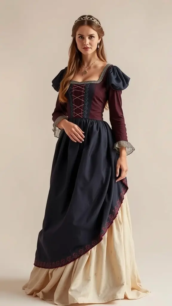 A collection of Medieval dresses displayed on mannequins, showcasing seasonal variations in color and fabric.