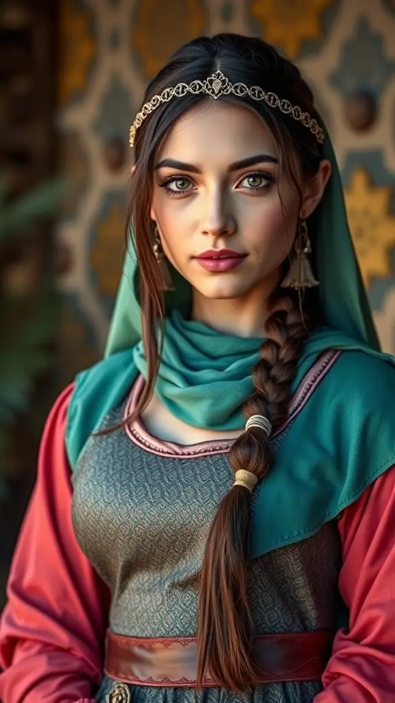 A medieval scene showcasing a princess in a richly colored dress, with a palette of historical colors below.