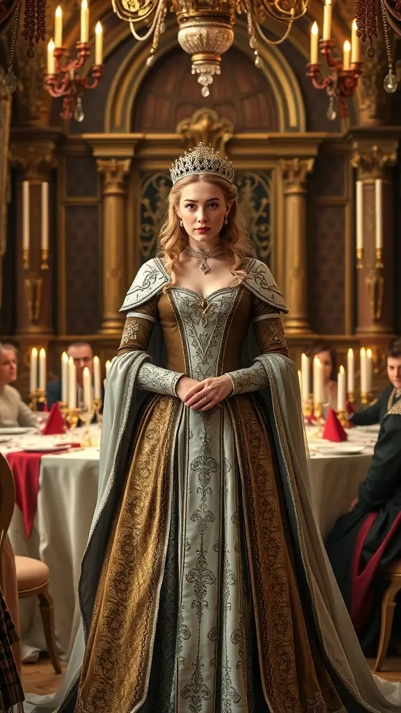 A Medieval Princess in a ceremonial gown with intricate embroidery and a regal silhouette.