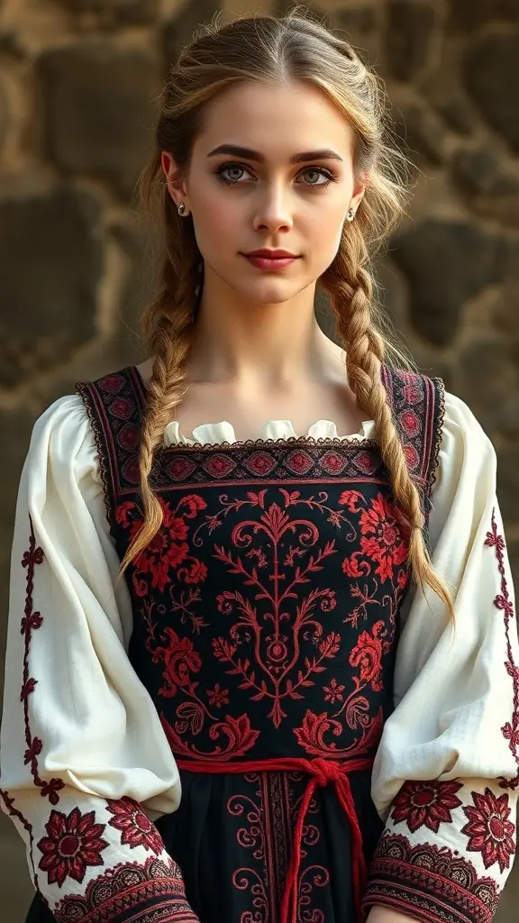 Intricate embroidery featuring crowns, floral motifs, and geometric patterns, reflecting the artistry of medieval fashion.