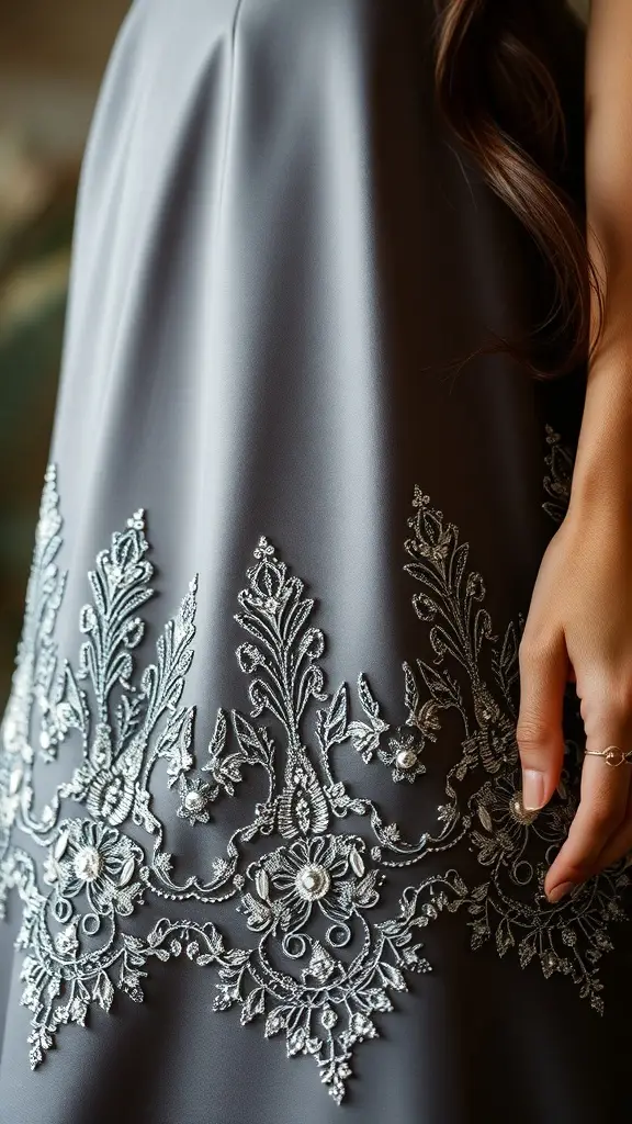 Close-up of a medieval dress hemline featuring intricate embroidery and velvet fabric.