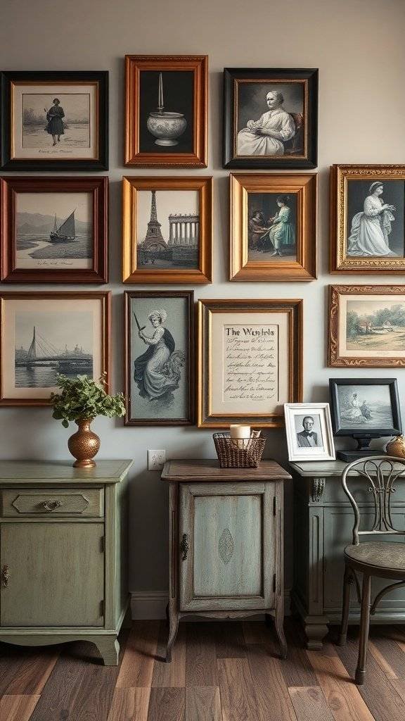A vintage-inspired gallery wall featuring various framed artworks and vintage hand-painted furniture.