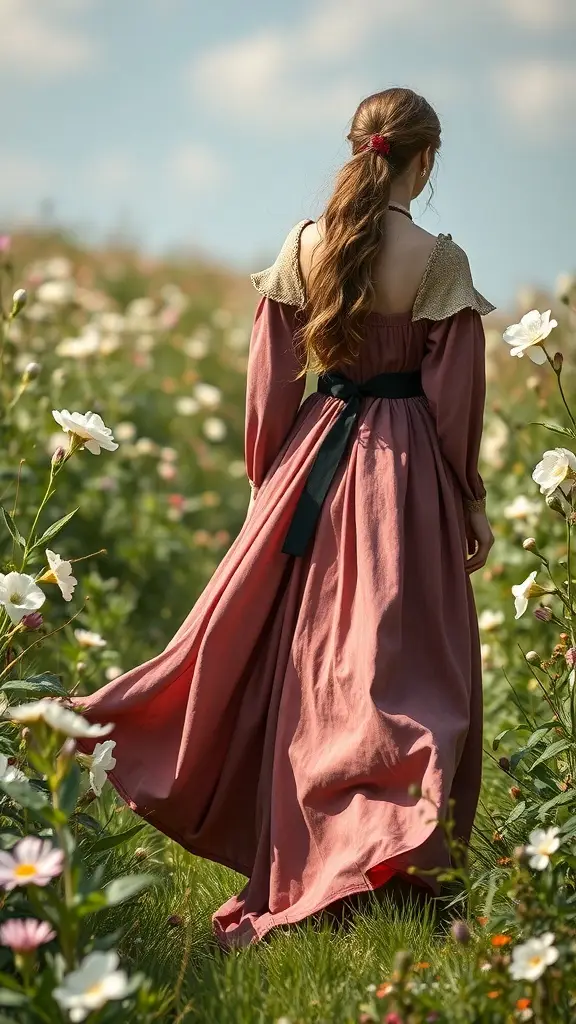 A Medieval Princess in a rose-colored dress walking through a flower field.