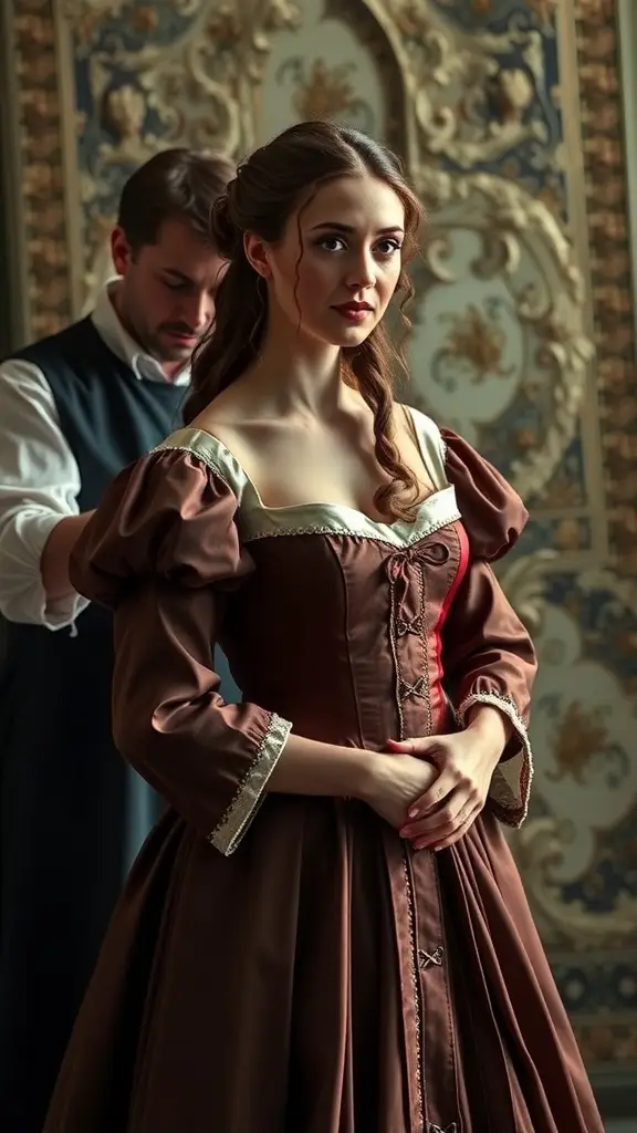 A tailor adjusting a brown medieval dress on a mannequin in a well-lit room.