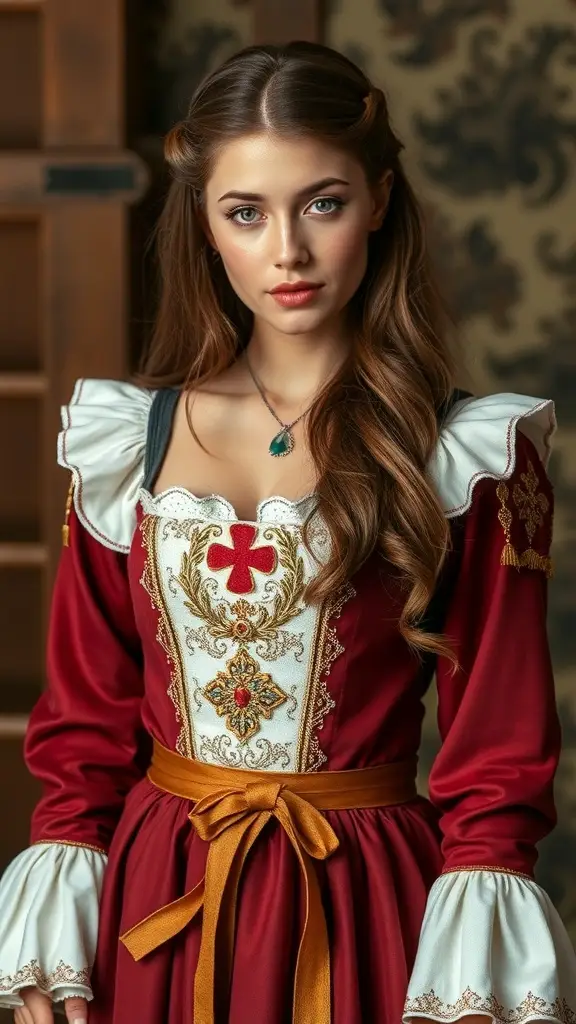 Two medieval gowns, one green and one red, showcasing intricate embroidery and regal designs.