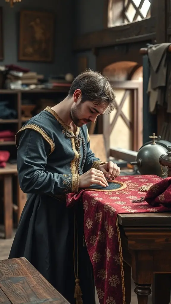 An artisan working on intricate embroidery on red fabric in a medieval setting.