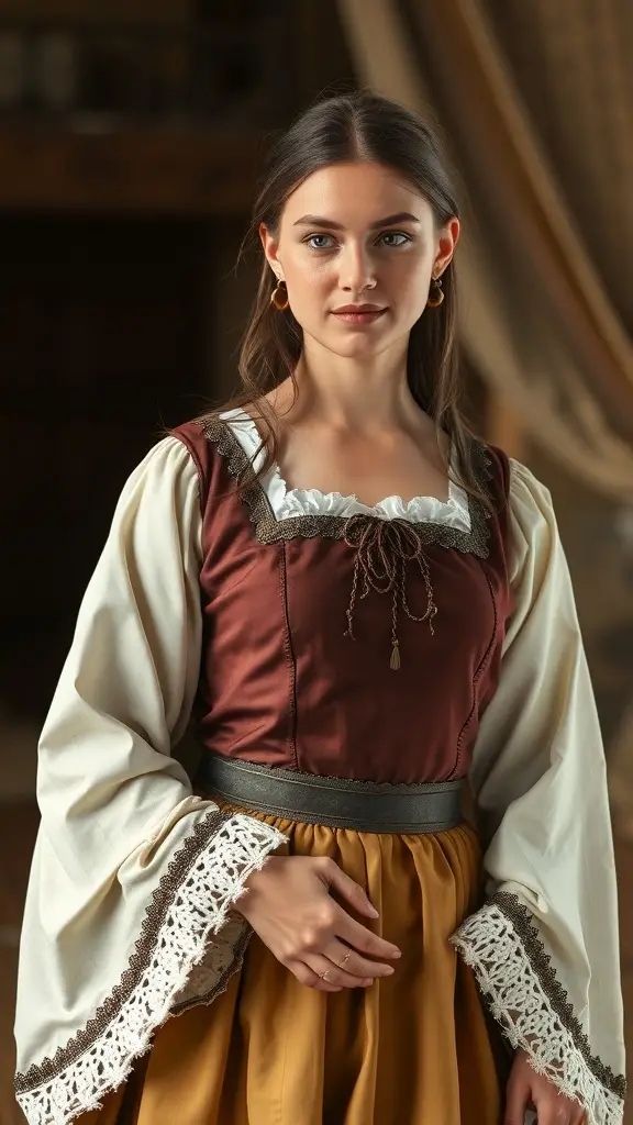 A close-up view of a Medieval Princess dress featuring intricate embroidery and a rich velvet fabric.