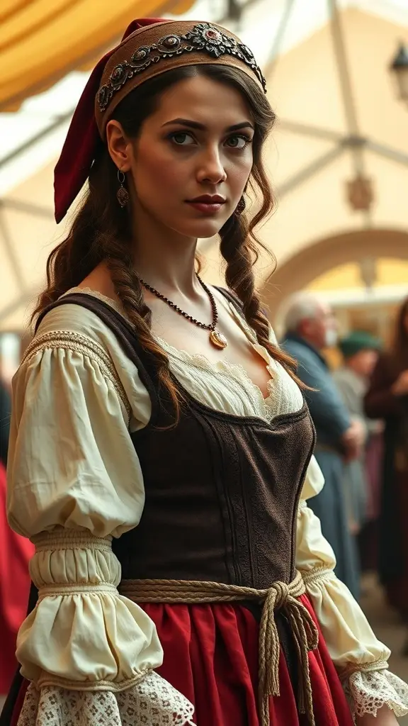 A vibrant scene from a cultural festival featuring people in medieval dresses with intricate embroidery and regal silhouettes.