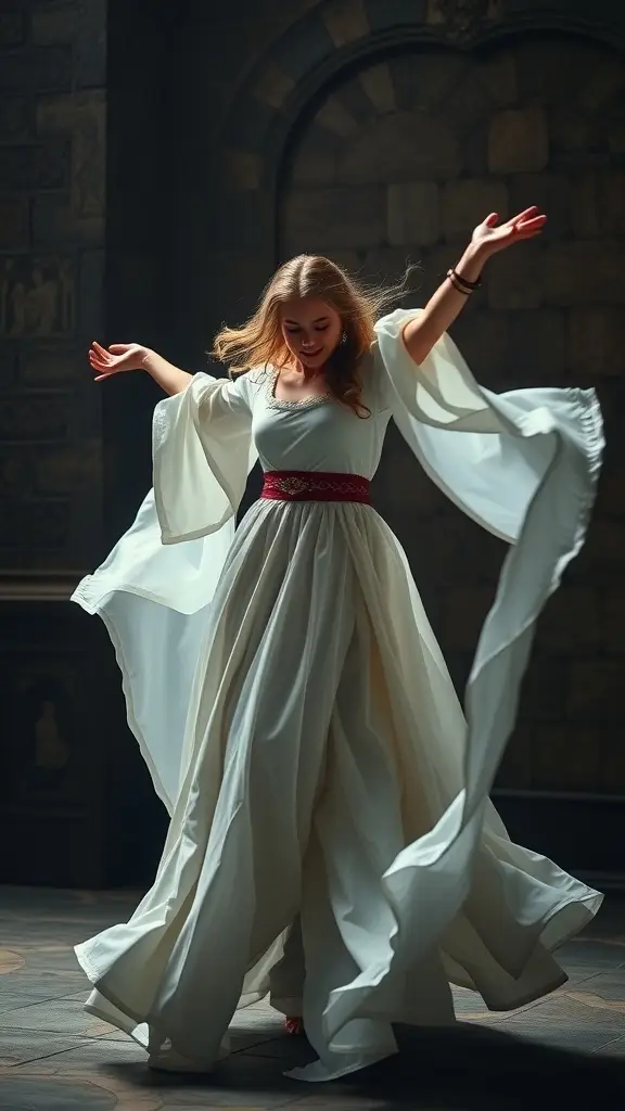 A woman in a flowing white gown with wide sleeves, twirling gracefully, showcasing the elegance of Medieval fashion.