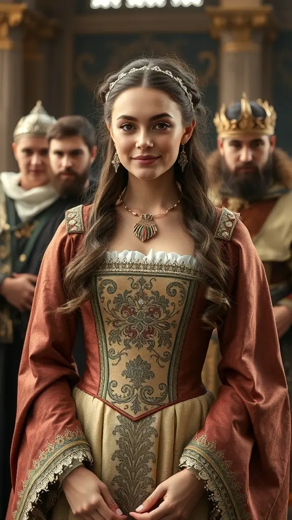 A Medieval Princess in a richly embroidered gown surrounded by attendants, showcasing royal fashion.
