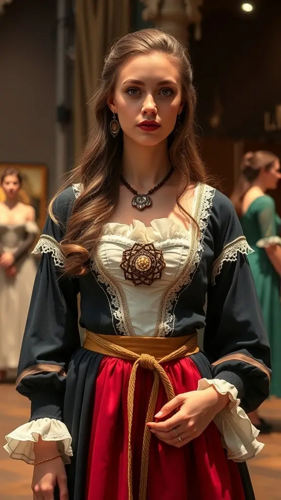 Three women in Renaissance-style dresses with intricate embroidery and velvet fabrics.
