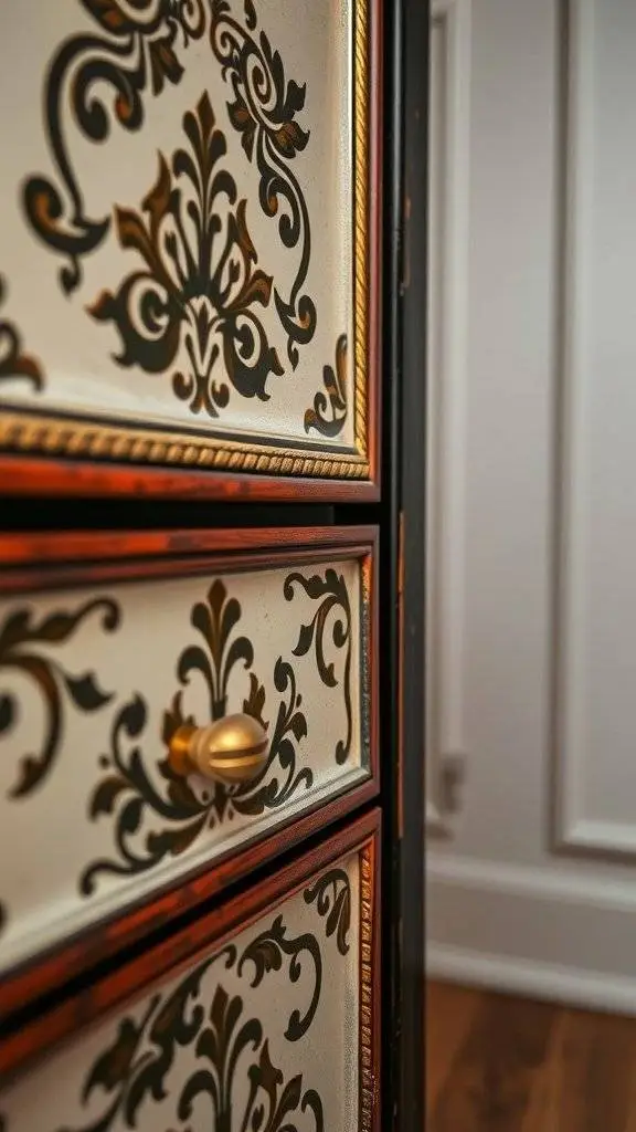 Close-up of a vintage hand-painted drawer with ornate patterns and a golden knob